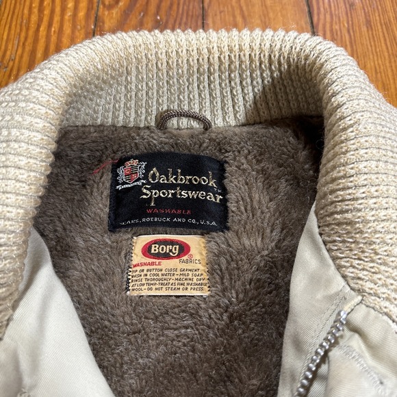 Vintage Sears Oakbrook Sportswear Utility Jacket 60s Borg Deep Pile Beige Sz M ? - Picture 4 of 10